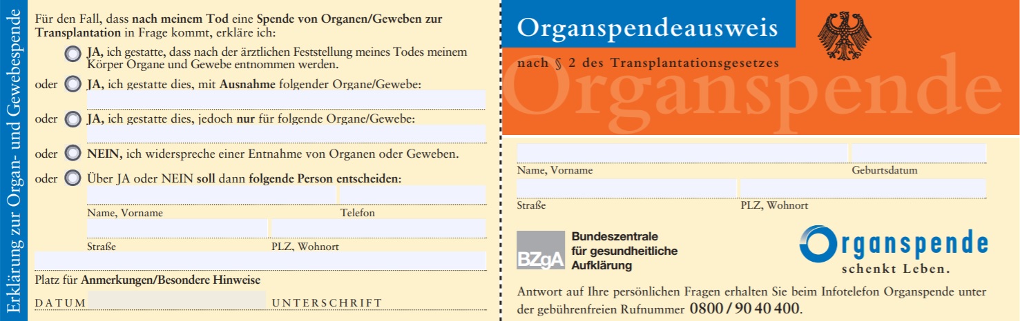 Organspendeausweis der Bundeszentrale für gesundheitliche Aufklärung - Vorder- & Rückseite